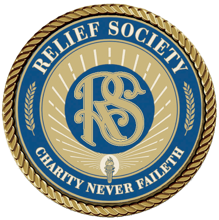 Relief Society emblem with charity motto.