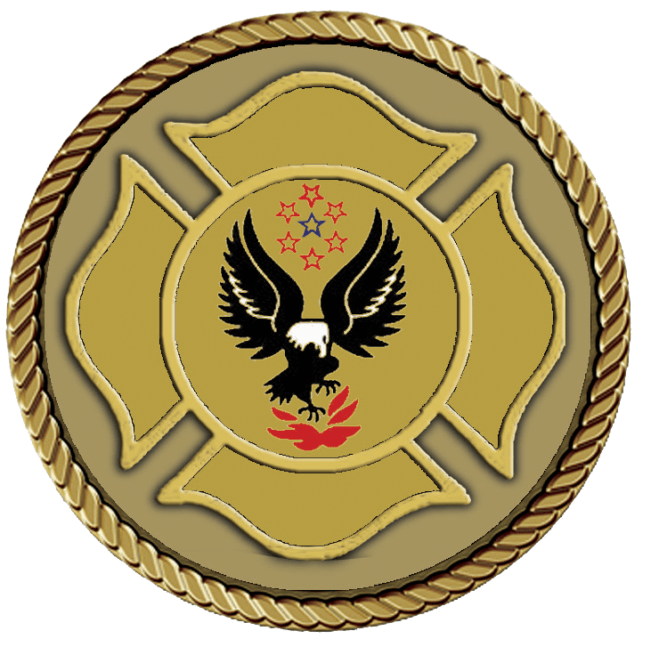 Eagle emblem with stars and fire symbol.
