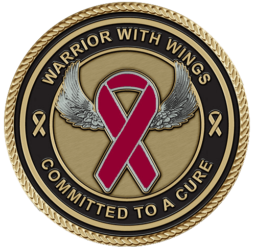 A red ribbon with wings on it.