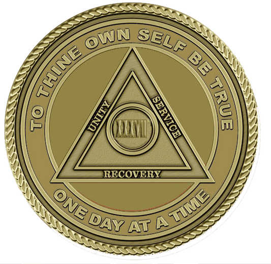 A gold colored medallion with the words " to thine own self be true ".