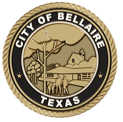 A gold and black seal with the city of bellaire in the center.