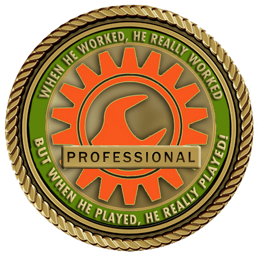 Professional badge with work and play motto.