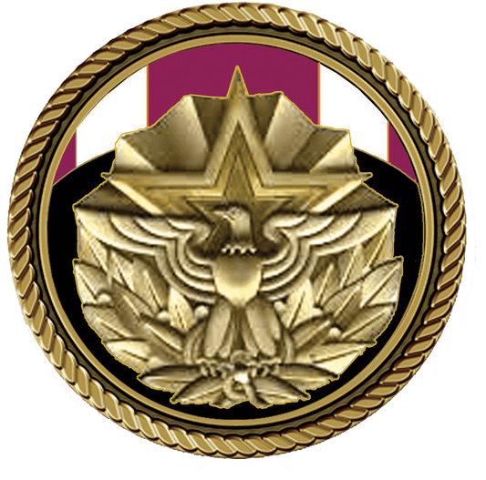 A gold medal with an eagle and the american flag.
