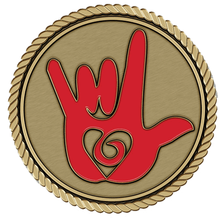 Red hand gesture inside a circular emblem.