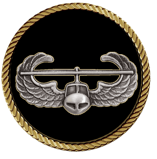 Wings and helmet insignia on black background.