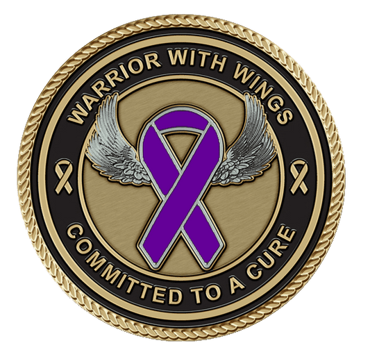 A purple ribbon with wings on it.
