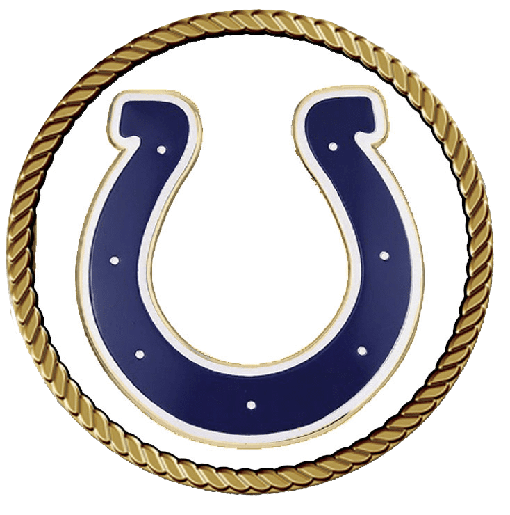 Blue horseshoe emblem with rope border.