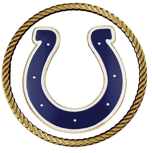 Blue horseshoe emblem with rope border.