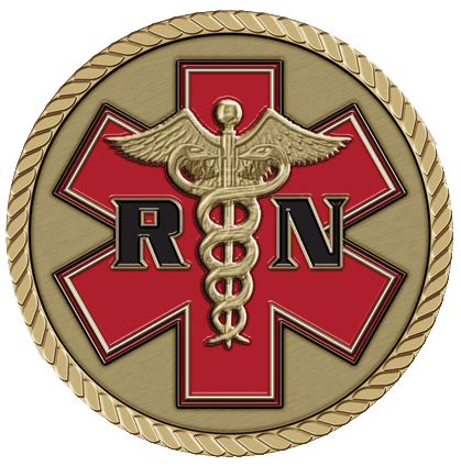 Gold and red nursing emblem with caduceus.