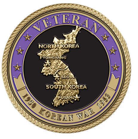 A gold medal with the map of north korea and the words " veteran 1 9 8 4 korean war 3 5 1."