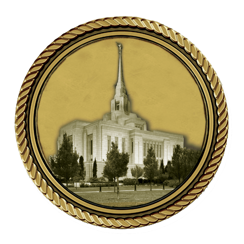 Temple building in decorative circular frame.