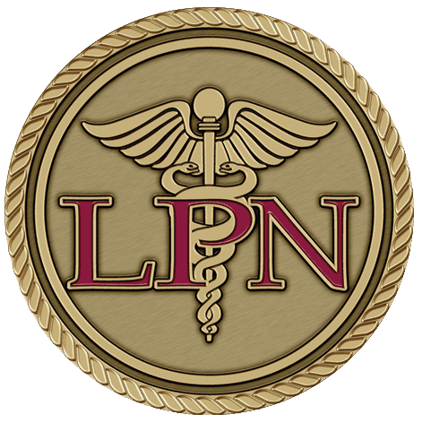 A gold colored medallion with the letters lpn and a medical symbol.