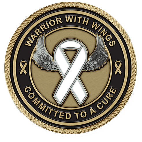 A white ribbon with wings on it.