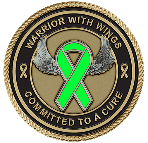 A green ribbon with wings on it.