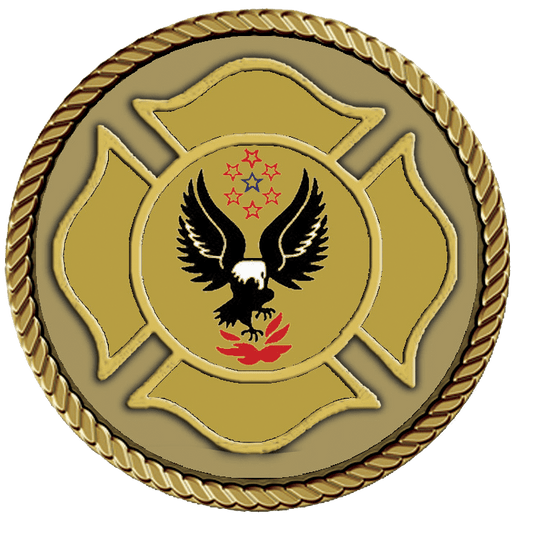 Eagle emblem with stars and fire symbol.