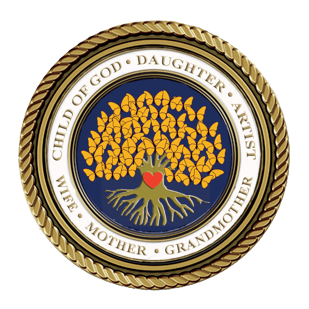 Golden tree emblem with heart and inscriptions.