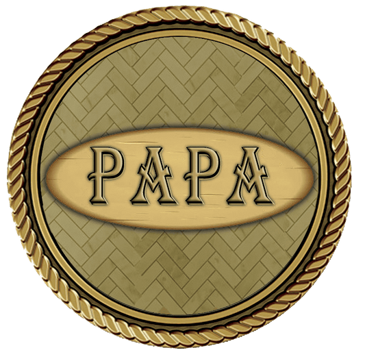 Decorative emblem with 'PAPA' text on a textured background