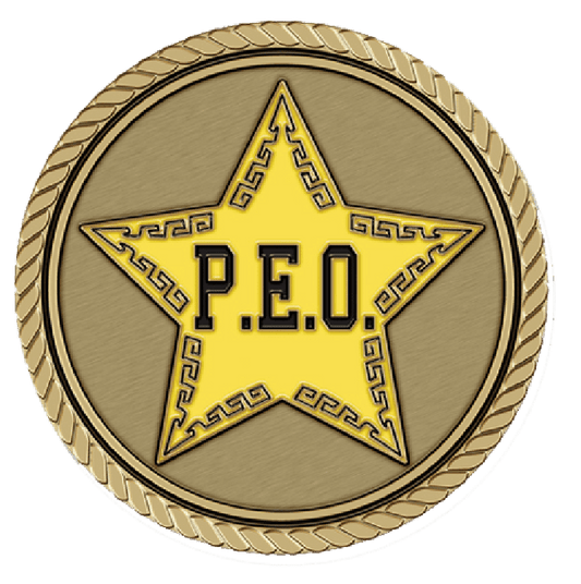 Yellow star badge with "P.E.O." inscription.